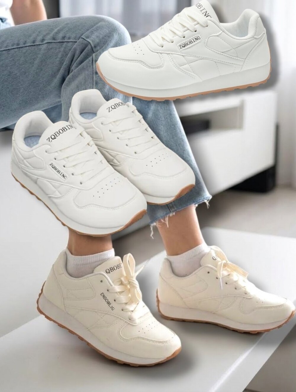 ZQBOBING Women's Off-White PU Leather Sports Casual Sneakers